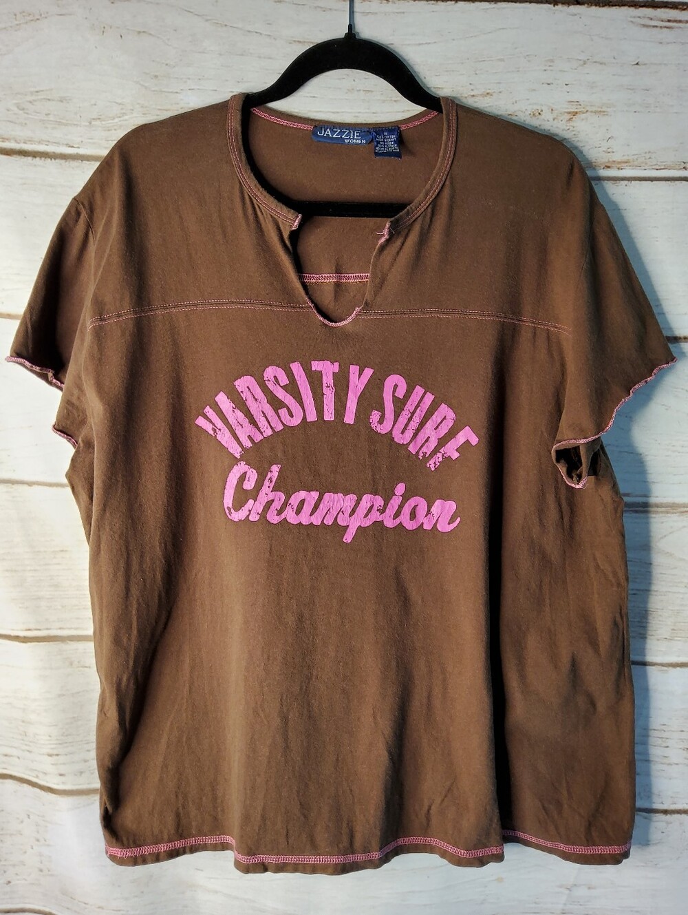 Jazzie Women's Brown Short Sleeve Tee with Pink Varsity Surf Graphic
